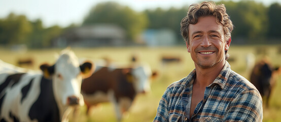 An adult farmer stands in a pasture with cows.