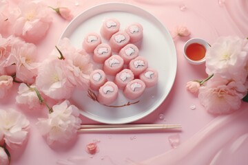 Elegant sushi presentation on white plate with soft pink background and peony flowers