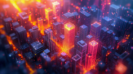 Aerial view creative digital city with glowing high buildings.