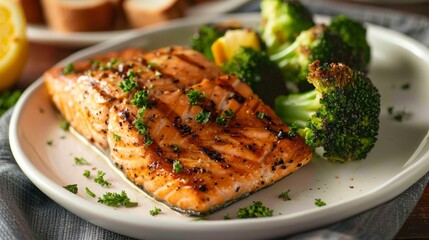Grilled salmon with a side of steamed broccoli - obrazy, fototapety, plakaty