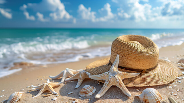 Straw hat with starfish and seashells on sandy beach against turquoise sea and blue sky.