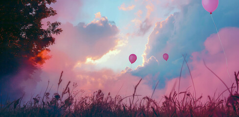 Creative landscape in nature with flying pink balloons in front of pink clouds.