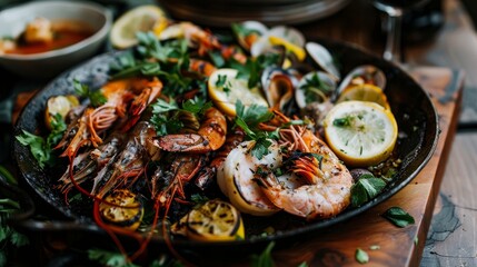 Grilled seafood platter with lemon and herbs - obrazy, fototapety, plakaty