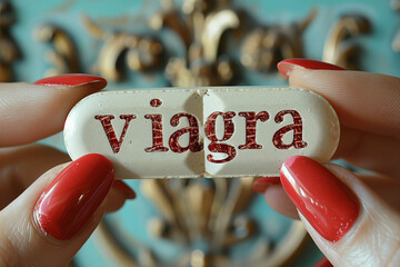 Female fingers with red manicure hold big pillow with text viagra.