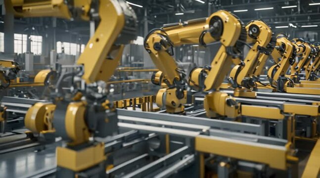 3D render of a robotic automatic conveyor line with robotic arms that perform welding work in an electric vehicle factory
