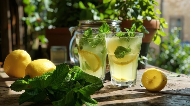 Homemade lemonade with fresh mint leaves