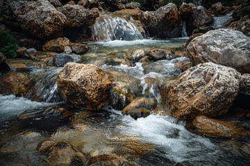 Naklejka na ściany i meble A stream of water flows between large rocks