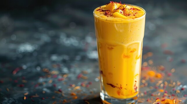 Mango lassi in a tall glass with saffron