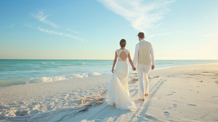 A newlywed bride and groom walk hand in hand on the sandy beach, with the ocean waves gently lapping at their feet - Powered by Adobe