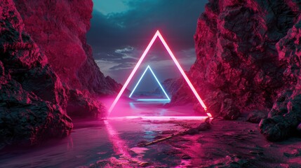The great pink floating triangle beyond the river that surrounded with a lot amount of the tall mountains at the dawn or dusk time of the day that shine light to the every part of the picture. AIGX03.