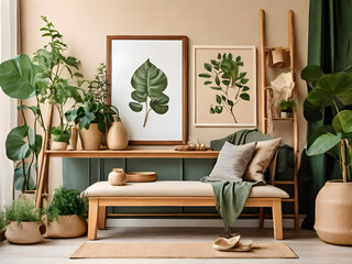 Creative composition of living room interior with mock up poster frame, wooden bench, plants, vase with green leaves, brown ladder, beige pitcher and personal accessories. Home decor. Template.