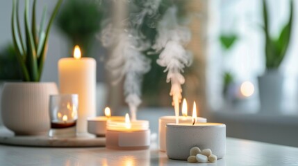 Obraz na płótnie Canvas Scented candles and essential oil diffusers creating a peaceful aroma