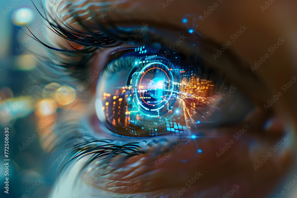 Aufkleber closeup of human eye with future augmented reality contact lenses showing a futuristic user interfac