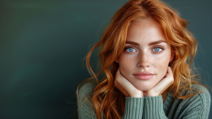 Portrait of a young woman with red hair and blue eyes, resting chin on hands, against a green background. - obrazy, fototapety, plakaty