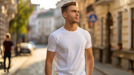 Fototapeta premium male Model Shirt Mockup, man walking down the street wearing white t-shirt 