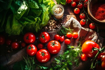 Fresh cherry tomatoes, herbs, spices on rustic wooden background - ingredients for healthy recipes