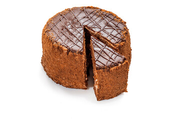 Chocolate cake. Fresh delicious dessert on white isolated background with shadow.