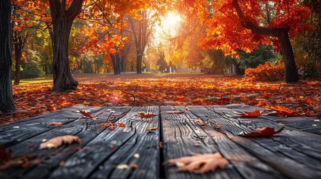 Autumn park scene with sun rays shining through colorful leaves, wooden pathway covered in fallen leaves.