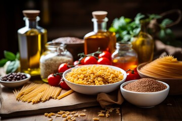 Different types of pasta with vegetables and oil on a wooden background.