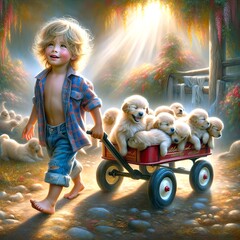 A happy young boy with blonde hair is pulling a red wagon filled with adorable, fluffy puppies through a beautifully lit garden path