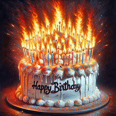 A large Happy Birthday cake with an excessive number of lit candles is engulfed in a dramatic blaze, creating an inferno-like spectacle