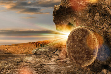 Tomb on a hill in the morning. Concept of Crucifixion on Mount Golgotha, resurrection of Jesus...