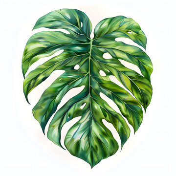 hand painted watercolor monstera leaf on a white background