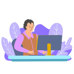 Work at home concept design. Freelance  working on laptop at her house, dressed in home clothes. 