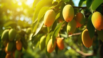 Close-up of tropical raw mango hanging on tree with leaf in garden orchard.