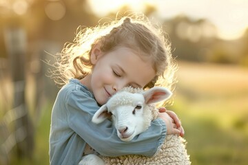 Girl hugging a lamb in the sunlight