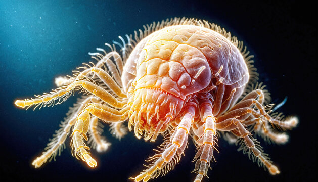 Extreme close-up of a mite sitting on organic tissue and dust - ai generated
