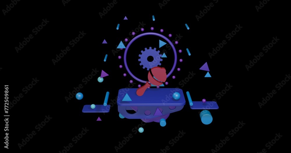 Poster red baby rattle symbol on a pedestal of abstract geometric shapes floating in the air. abstract conc