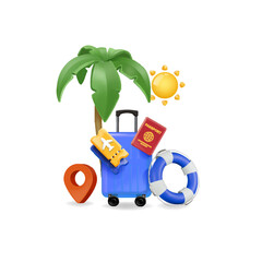 Luggage blue, air ticket, passport, lifebouy life ring and tropical palm. Travel concept. Tourism advertising. 3D Vector