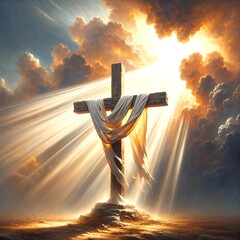 Sunlight pierces the clouds, casting beams of light that illuminate a wooden cross draped with a cloth - 772509871
