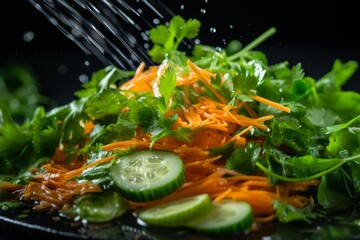 Fresh vegetable salad with carrots, cucumbers, and parsley on a stylish black background