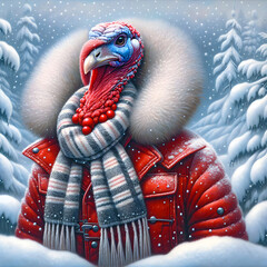 A turkey dressed in a red winter coat and a striped scarf stands against a snowy backdrop with snowflakes