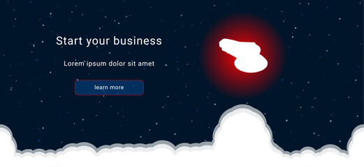 Business startup concept Landing page screen. The sanding machine symbol on the right is highlighted in bright red. Vector illustration on dark blue background with stars and curly clouds from below