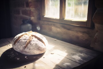 Freshly baked sourdough bread on the table near the window with sunlight coming through