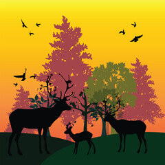 silhouette of a giraffe and deer