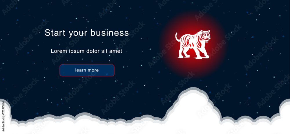 Poster business startup concept landing page screen. the tiger symbol on the right is highlighted in bright