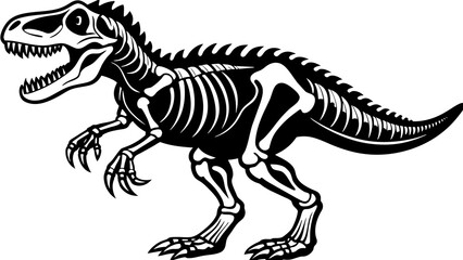 T rex dinosaur skeleton negative space silhouette illustration. Prehistoric creature bones isolated monochrome clipart. Dangerous ancient predator, tyrannosaurus fossil design element
