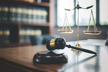 A judge's gavel sits on a small podium in front of a scale
