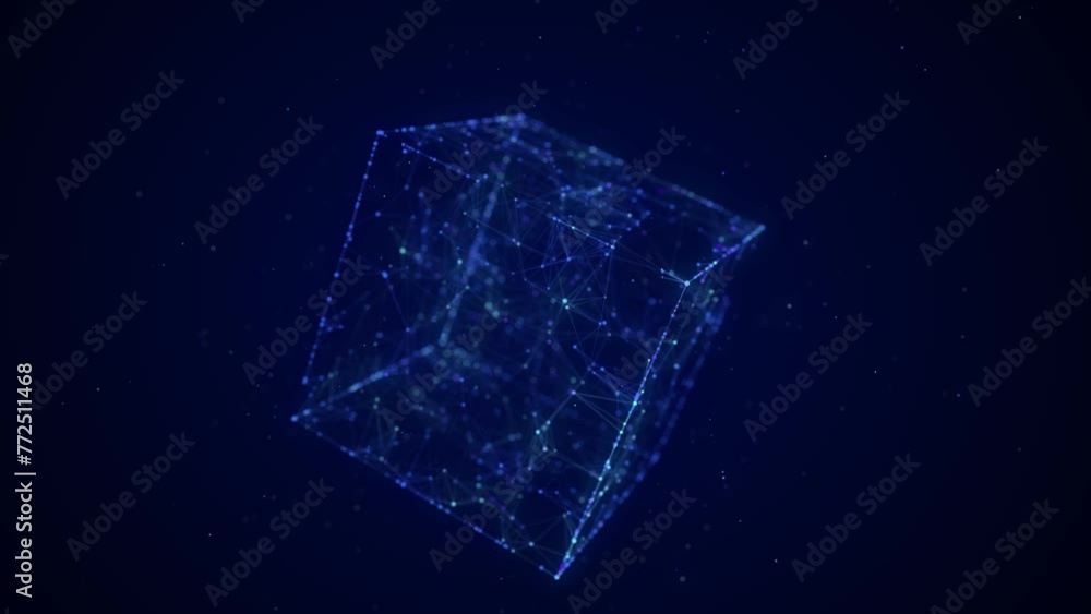 Poster Abstract wireframe cube. Digital blockchain concept. Futuristic blue background with dots and lines. 3D rendering.
