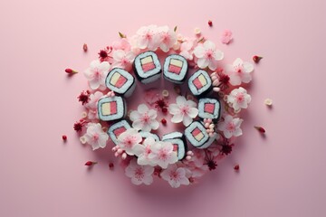 Delicious sushi rolls on pink background with beautiful sakura flowers, top view