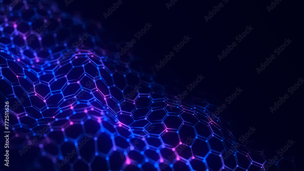 Fototapete digital dynamic cyber wave. abstract futuristic hexagon background with dots and lines. big data vis