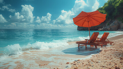 Secluded Beach Sanctuary Under Orange Umbrella, Clear Waters Ahead - obrazy, fototapety, plakaty