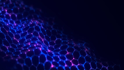 Digital dynamic cyber wave. Abstract futuristic hexagon background with dots and lines. Big data visualization. 3D rendering.