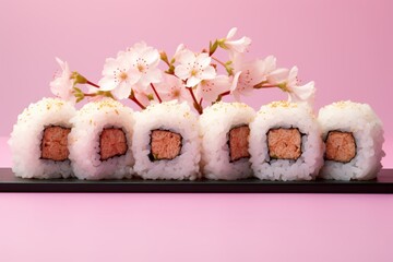 Sakura cherry blossom sushi rolls on pink background for gourmet food lovers and sushi enthusiasts