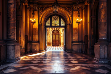 A large, empty room with a doorway and a chandelier