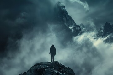 Lone figure standing on a rocky peak surrounded by mist and dramatic mountains, evoking solitude and adventure. Concept of exploration, nature, and mystery.
